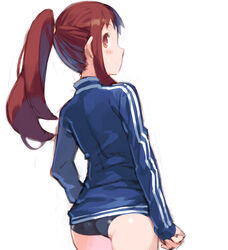  ass black_buruma blue_jacket brown_eyes brown_hair buruma clenched_hand commentary_request cowboy_shot female gym_uniform jacket long_hair long_sleeves looking_back original photoshop_(medium) ponytail sidelocks sleeves_past_wrists solo track_jacket yasu 