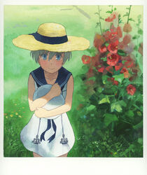  :&gt; alternate_costume blue_eyes blush collarbone commentary_request dress female field flower grass grey_hair hat holding hollyhock kantai_collection looking_at_viewer looking_up outdoors painting_(medium) plant sailor_dress sailor_hat shadow shijukara_(great_tit) short_hair sleeveless sleeveless_dress smile solo straw_hat sun_hat traditional_media unworn_hat unworn_headwear watercolor_(medium) z1_leberecht_maass_(kancolle) 