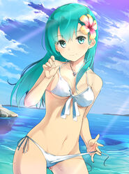  aqua_eyes aqua_hair bad_id bad_pixiv_id bikini blue_sky blush cloud collarbone contrapposto cowboy_shot day female flower hair_flower hair_ornament hairclip hibiscus highres jewelry kantai_collection light_smile long_hair looking_at_viewer max_melon navel necklace ocean outdoors side-tie_bikini_bottom sky solo standing strap_lift sunlight suzuya_(kancolle) swimsuit untied_bikini white_bikini 