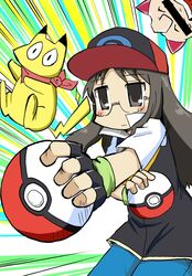  baseball_cap black_jacket brown_eyes brown_hair cap censored clefairy crossover female fingerless_gloves gloves hat jacket long_hair minakami_mai nichijou nintendo open_clothes open_jacket pikachu poke_ball pokemon pokemon_(anime) pokemon_(game) red_hat sakamoto_(nichijou) satoshi_(pokemon) satoshi_(pokemon)_(cosplay) scarf simple_background solo zubatto 