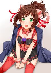  animal_ears blush brown_hair cat_ears cat_tail commentary_request female garter_straps gradient_background green_eyes highres idolmaster idolmaster_cinderella_girls jacket maekawa_miku midriff oerba_yun_fang open_mouth over_the_collar_(idolmaster) ponytail red_thighhighs revision short_hair solo tail tarachine thighhighs 