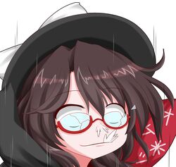  blank_eyes broken_eyewear brown_hair cape clothes_writing commentary_request female glasses guilty_gear guilty_gear_xrd hat oden_(th-inaba) parody portrait semi-rimless_eyewear short_hair simple_background sin_kiske solo spitting style_parody touhou under-rim_eyewear usami_sumireko white_background 