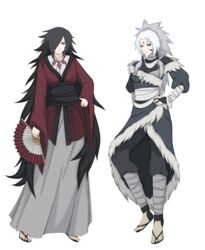  2girls black_hair fan highres long_hair multiple_girls naruto naruto_shippuuden rule_63 senju_hashirama senju_tobirama uchiha_madara white_hair 