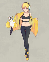  ayatori_(sensei_heroism) bare_shoulders blonde_hair blue_eyes breasts choker cleavage commentary_request elesa_(pokemon) emolga female hair_ornament headphones midriff navel pantyhose pokemon pokemon_(creature) pokemon_bw shiny_clothes short_hair skin_tight small_breasts smile undressing 