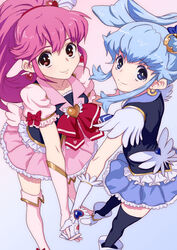  2girls aino_megumi black_thighhighs blue_eyes blue_hair blue_skirt boots bow bowtie brooch commentary_request cure_lovely cure_princess earrings frills gloves happinesscharge_precure! heart heart_brooch hirose_(mokiki) holding_hands interlocked_fingers jewelry long_hair magical_girl multiple_girls pink_bow pink_eyes pink_hair pink_skirt precure shirayuki_hime shoes skirt smile thigh_boots thighhighs white_background white_legwear wide_ponytail zettai_ryouiki 