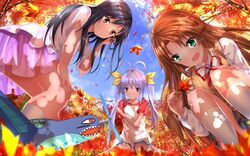  3girls :d adjusting_hair antenna_hair aqua_eyes asahigaoka_school_uniform autumn autumn_leaves black_hair blue_sky bow brown_hair bug commentary_request dappled_sunlight day dragonfly from_below green_eyes hairbow hand_on_own_knee highres holding holding_leaf ichijou_hotaru kneehighs kneeling koshigaya_komari leaf light_purple_hair long_hair miyauchi_renge model_airplane multiple_girls non_non_biyori open_mouth outdoors pink_eyes purple_hair purple_skirt raglan_sleeves school_uniform shirt skirt sky smile socks sunlight sweater_vest swordsouls t-shirt toy_airplane twintails white_legwear 