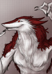  2013 anthro claws fur kalnareff male nero red_body red_eyes red_fur sergal smile solo teeth traditional_media_(artwork) white_body white_fur 