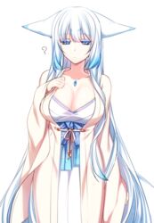  ? animal_ears blue_eyes blue_hair breasts bright_pupils cleavage closed_mouth commentary_request ears_down female fox_ears hand_up japanese_clothes konshin large_breasts long_hair looking_at_viewer orie_mishiro original sash short_eyebrows simple_background solo very_long_hair white_background 