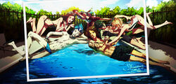  2girls 4boys amano_maya bikini black_hair blonde_hair blue_eyes blue_hair brown_eyes brown_hair commentary_request glasses highres jacket kurosu_jun lisa_silverman male_swimwear mishina_eikichi multiple_boys multiple_girls opaque_glasses outdoors persona persona_2 persona_2_tsumi photo_(object) photoshop_(medium) pool purple_eyes red_eyes shaliva short_hair suou_katsuya suou_tatsuya swim_briefs swim_trunks swimsuit water 