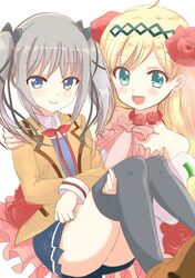  2girls ahoge bare_shoulders black_legwear blazer blonde_hair blue_eyes blush carrying collared_shirt commentary_request couple dress earrings flower green_eyes grey_hair hair_ornament hair_ribbon hairband hina_logi_-_from_luck_&amp;_logic jacket jewelry lion_suko liones_yelistratova long_hair long_sleeves multiple_girls nina_alexandrovna open_clothes open_jacket open_mouth princess_carry red_neckwear ribbon rose school_uniform shirt skirt smile thighhighs thighs twintails white_shirt wing_collar yuri 