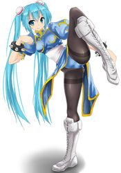  aqua_eyes aqua_hair black_pantyhose blue_dress boots bracelet brown_pantyhose bun_cover cameltoe china_dress chinese_clothes chun-li chun-li_(cosplay) commentary_request cosplay cross-laced_footwear double_bun dress female fighting_stance full_body hair_bun hatsune_miku jewelry knee_boots lace-up_boots leg_lift leg_up long_hair pantyhose pelvic_curtain puffy_short_sleeves puffy_sleeves sash short_sleeves side_slit simple_background solo spiked_bracelet spikes standing standing_on_one_leg street_fighter thighband_pantyhose twintails very_long_hair vocaloid white_background white_footwear zakuta 