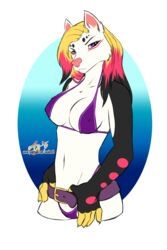  2:3 alpha_channel anthro azaleesh belt bikini breasts canid canine clothed clothing english_text female glare hi_res ironartist looking_at_viewer mammal merena_(azaleesh) midriff navel nipple_outline purple_eyes simple_background skimpy solo swimwear text transparent_background url 