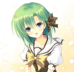  :o bad_id bad_pixiv_id blush bow collarbone female gradient_background green_hair hair_ribbon head_tilt highres looking_at_viewer momomo_(e_t) national_verbena_academy_school_uniform open_mouth puffy_sleeves purple_eyes ribbon school_uniform shigure_asa short_hair short_sleeves shuffle! solo tress_ribbon upper_body yellow_background yellow_bow 