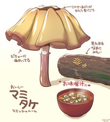  arrow_(symbol) bowl chauke commentary_request dated food food_focus foodification gradient_background heart mahou_shoujo_madoka_magica mahou_shoujo_madoka_magica_(anime) miso_soup mushroom no_humans objectification pleated_skirt shadow simple_background skirt soup steam still_life tomoe_mami tomoe_mami_(magical_girl) translated wood 