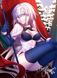  banner black_gloves black_thighhighs breasts capelet cleavage commentary cosplay elbow_gloves fate/grand_order fate_(series) female frown gloves gogatsu_fukuin headpiece highres jeanne_d&#039;arc_alter_(avenger)_(fate) jeanne_d&#039;arc_alter_(fate) jeanne_d&#039;arc_alter_santa_lily_(fate) jeanne_d&#039;arc_alter_santa_lily_(fate)_(cosplay) long_hair merry_christmas pine_tree polearm signature sitting snow solo spear thighhighs tree weapon white_hair yellow_eyes 