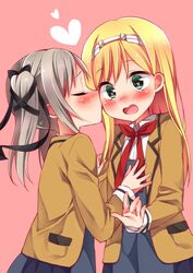  2girls blazer blonde_hair blush collared_shirt commentary_request couple green_eyes grey_hair hair_ornament hair_ribbon hairband heart highres hina_logi_-_from_luck_&amp;_logic holding jacket kissing liones_yelistratova long_hair long_sleeves luck_&amp;_logic multiple_girls nina_alexandrovna open_clothes open_jacket open_mouth red_neckwear ribbon school_uniform shirt simple_background sk02 skirt smile twintails white_shirt wing_collar yuri 