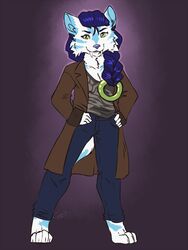  3:4 anthro blue_hair clothing extinct felid female green_eyes hair hi_res mammal prehistoric_species rena_dyne saber-toothed_tiger smilodon solo syrae-universe 