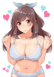  blue_bra blue_panties blush bra breasts brown_hair commentary_request female heart idolmaster idolmaster_shiny_colors lace lace-trimmed_bra lace_trim large_breasts long_hair looking_at_viewer navel panties ponytail smile solo tsukioka_kogane tyranu underwear underwear_only 