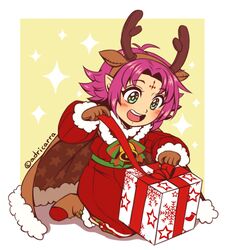  adricarra antlers artist_name bell boots bow box brown_gloves cape commentary_request facial_mark fae_(fire_emblem) fae_(winter)_(fire_emblem) female fire_emblem fire_emblem:_the_binding_blade fire_emblem_heroes forehead_mark fur_trim gift gift_box gloves green_eyes horns long_sleeves open_mouth pointy_ears purple_hair reindeer_antlers short_hair solo 