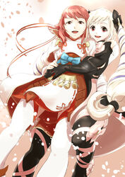  armor blonde_hair elise_(fire_emblem_if) fire_emblem fire_emblem_if gradient gradient_background hug multiple_girls nintendo pink_hair sakura_(fire_emblem_if) short_hair smile twintails 