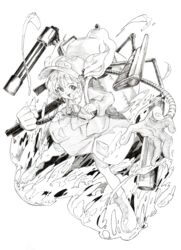  absurdres backpack bad_id bad_pixiv_id bag boots cannon female graphite_(medium) hair_bobbles hair_ornament hat highres kawashiro_nitori key long_sleeves mechanical_arms monochrome open_mouth oshake shirt skirt solo touhou traditional_media twitter_username 