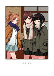  3girls abukuma_(kancolle) black_hair blonde_hair blue_eyes blunt_bangs blush braid brown_eyes brown_hair closed_eyes coat commentary_request hair_rings hands_in_pockets kantai_collection kitakami_(kancolle) kuma_(crimsonvanilla) long_hair multiple_girls ooi_(kancolle) pleated_skirt scarf school_uniform serafuku sidelocks skirt smile translation_request twintails 