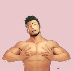  1boy bara beard black_hair facial_hair grabbing green_eyes gyee highres itto_(mentaiko) large_pectorals male_focus mature_male muscular muscular_male nipples no_tattoo pectoral_grab pectoral_press pectorals priapus priapus_a._tarou red_pupils solo tongue tongue_out topless_male upper_body 