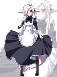  aika_(konshin) animal_ears apron black_dress blush boots brown_footwear closed_mouth commentary_request dress female fox_ears fox_girl frilled_dress frills grey_hair hair_over_one_eye hand_up juliet_sleeves konshin long_sleeves looking_at_viewer maid maid_apron maid_headdress original pigeon-toed puffy_sleeves short_hair_with_long_locks solo white_apron white_background zoom_layer 