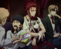  4boys ahr_(ahr_73) black_bow black_jacket blonde_hair blue_pants bonnet bow bracelet brown_eyes brown_hair commentary_request couch cup dress dress_shirt drinking_glass earrings female frilled_dress frills glasses gothic_lolita hairband hat hat_bow head_rest headphones headphones_around_neck holding holding_cup hug hug_from_behind indoors jacket jewelry k-project kamamoto_rikio kusanagi_izumo kushina_anna lolita_fashion mini_hat multiple_boys muscular open_clothes open_jacket pants parted_lips red_hair red_hairband red_hat ring shirt short_sleeves sitting smile spiked_hair suoh_mikoto sweat white_shirt yata_misaki 