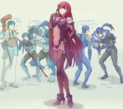  4boys blue_hair bodysuit commentary_request cu_chulainn_(caster)_(fate) cu_chulainn_(fate) cu_chulainn_(fate/extra) cu_chulainn_(fate/stay_night) cu_chulainn_(prisma_illya) fate/extra fate/extra_ccc fate/grand_order fate/hollow_ataraxia fate/kaleid_liner_prisma_illya fate/stay_night fate_(series) female finger_to_mouth furry furry_male gae_bolg_(fate) gypsophila1778 hand_on_own_hip high_heels long_hair multiple_boys multiple_persona polearm ponytail purple_bodysuit purple_hair scathach_(fate) spear staff thinking very_long_hair weapon werewolf wolf_boy 