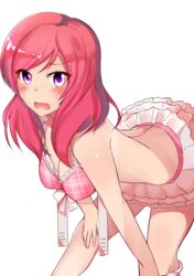  bikini blush breasts cleavage commentary_request female frilled_bikini frills hanging_breasts highres kowaremashita looking_at_viewer love_live! love_live!_school_idol_project medium_breasts nishikino_maki open_mouth plaid plaid_bikini purple_eyes red_hair short_hair simple_background solo swimsuit 