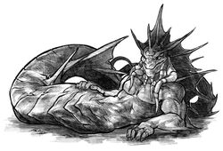  abs anthro apode biceps blizzard_entertainment draconcopode draw_me_like_one_of_your_french_girls fin harag jewelry legless looking_at_viewer lying male meme monochrome muscular muscular_anthro muscular_male naga naga_(warcraft) nude pecs raitlin reclining reptile ring scales scalie serpentine simple_background snake solo tentacle warcraft 