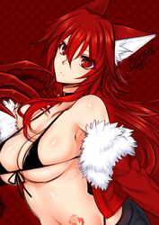  animal_ears bare_shoulders black_bra bra breasts claws commentary_request dated female fox_ears fur_trim hair_between_eyes hand_up head_tilt jacket konshin large_breasts long_hair looking_at_viewer navel opera_the_vermelho original parted_lips red_background red_eyes red_hair red_jacket signature solo tattoo underwear 