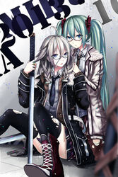  2girls ahoge bad_id bad_pixiv_id bespectacled black_thighhighs blue_eyes boots chokutou coat cross-laced_footwear echj glasses green_eyes green_hair grey_hair hatsune_miku highres ia_(vocaloid) jewelry lace-up_boots long_hair multiple_girls necktie no_tsuba open_mouth photoshop_(medium) ring sitting skirt sword thighhighs torn_clothes torn_thighhighs twintails vocaloid weapon 