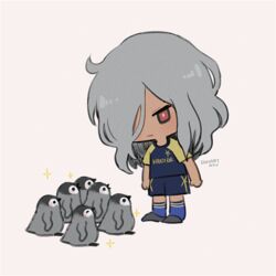  1boy ahoge ayu_(mog) bird black_outline blue_legwear bright_pupils chibi commentary_request dark_skin emperor_penguin grey_background grey_footwear hair_over_one_eye haizaki_ryouhei inazuma_eleven_ares_no_tenbin jitome md5_mismatch outline penguin raglan_sleeves red_eyes shirt shoes shorts signature simple_background soccer_uniform socks sportswear standing 