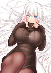  animal_ears blue_eyes blush breasts brown_pantyhose brown_sweater closed_mouth commentary_request dated ears_down female fox_ears hair_spread_out jewelry konshin large_breasts looking_at_viewer lying necklace on_back orie_mishiro original pantyhose ribbed_sweater short_eyebrows signature solo sweater white_hair 