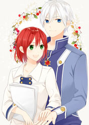  1boy :d akagami_no_shirayukihime aki_nattsu blue_eyes blue_jacket bob_cut buttons cherry closed_mouth collar collarbone commentary_request couple female flower food fruit green_eyes hand_on_hand happy height_difference highres holding holding_paper jacket leaf long_sleeves looking_at_viewer looking_to_the_side open_mouth paper partial_commentary red_hair shirayuki_(akagami_no_shirayukihime) short_hair smile straight straight_hair upper_body white_background white_flower white_hair white_jacket zen_wistalia 