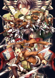  2girls 6+boys annie_leonhart aqua_eyes arm_up armin_arlert bertolt_hoover black_footwear black_hair blonde_hair blue_cape blue_eyes boots brown_jacket cape clenched_teeth commentary_request connie_springer dual_wielding emblem eren_yeager green_shirt grey_shirt hair_between_eyes highres holding holding_sword holding_weapon houhou_(black_lack) jacket knee_boots levi_(shingeki_no_kyojin) looking_back marco_bott mikasa_ackerman military military_uniform multiple_boys multiple_girls open_clothes open_jacket open_mouth pants paradis_military_uniform red_scarf reiner_braun scarf shingeki_no_kyojin shirt short_hair sweatdrop sword teeth three-dimensional_maneuver_gear training_corps_(emblem) uniform very_short_hair weapon white_pants white_shirt yellow_shirt 