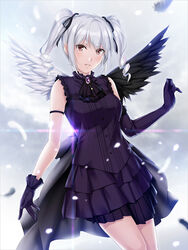  angel_wings bare_shoulders commentary diffraction_spikes dress drill_hair elbow_gloves english_commentary feathered_wings feathers female gloves grey_hair highres idolmaster idolmaster_cinderella_girls kanzaki_ranko long_hair looking_at_viewer nayuta69 open_mouth photoshop_(medium) red_eyes revision rosenburg_engel_(idolmaster) smile solo twin_drills twintails wings 