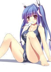  absurdres arm_support bare_legs blue_hair blush breasts collarbone commentary_request dripping female food hair_ornament hair_ribbon highres i-19_(kancolle) kantai_collection large_breasts long_hair mouth_hold name_tag one-piece_swimsuit popsicle red_eyes ribbon school_swimsuit sexually_suggestive simple_background sitting solo spread_legs srwsrx_(gp03dsrx) swimsuit thighs tri_tails white_background 