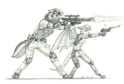  2022 anthro baron_engel bat bat_wings boots breasts canid canine clothed clothing duo dust:_an_elysian_tail female footwear fox fur greyscale gun hair handgun male mammal membrane_(anatomy) membranous_wings monochrome nimbat pistol ranged_weapon rifle shirt star_wars tail tank_top topwear traditional_media_(artwork) valden_the_nimbat veiny_wings weapon wings 