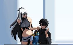  1boy absurdres bare_shoulders black_bodysuit black_hair bodysuit breasts crop_top fate/grand_order fate_(series) female fujimaru_ritsuka_(male) hair_between_eyes highres long_hair midriff multicolored_hair nagao_kagetora_(fate) navel paperpillar shirt shorts sleeveless smile sphinx_awlad two-tone_hair uesugi_kenshin_(fate) uesugi_kenshin_(second_ascension)_(fate) white_hair white_shorts 