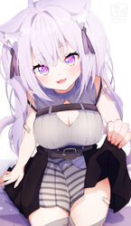  absurdres ahoge animal_ear_fluff animal_ears bandaid bandaid_on_arm bandaid_on_leg belt black_belt black_skirt breasts cat_ears cat_girl cat_tail chest_belt cleavage cleavage_cutout clothing_cutout female hair_ribbon highres hololive large_breasts long_hair looking_at_viewer nekomata_okayu nekomata_okayu_(8th_costume) official_alternate_costume open_mouth purple_eyes purple_hair purple_ribbon purple_shirt ribbon satsuki_(pixiv_742410) shirt skirt smile solo tail two_side_up virtual_youtuber white_background 