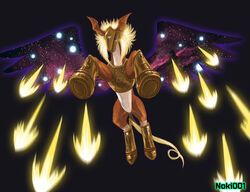  absurd_res ambiguous_gender armor armored_boots attack bandai_namco belly blonde_hair brown_body cosmic_wings digimon digimon_(species) equid equine feral flying gem glowing gold_(metal) hair headgear helmet hi_res hooves mammal mythological_creature mythological_equine mythology noki001 pegasus pegasusmon solo star tail white_belly wings 