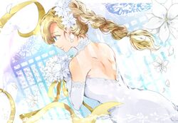  alternate_hairstyle back backless_dress backless_outfit bare_shoulders bianca_(dq5) blonde_hair blue_eyes bouquet braid braided_ponytail bridal_gauntlets bride closed_mouth commentary_request cowboy_shot dragon_quest dragon_quest_v dress earrings elbow_gloves falling_petals female flower from_behind gloves hair_flower hair_ornament high_ponytail highres holding holding_bouquet holding_flower isa_(chiyo-s) jewelry long_hair petals profile ribbon smile solo wedding_dress white_dress white_flower white_gloves yellow_ribbon 