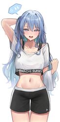  :d absurdres anger_vein aqua_hair arm_up bare_shoulders black_shorts blue_eyes blue_hair blush breasts character_name clothes_writing collarbone colored_inner_hair commentary cowboy_shot crop_top crop_top_overhang cropped_shirt english_commentary female gym_shorts hair_between_eyes hair_intakes hand_in_own_hair hand_up highres hoangryu hololive hololive_dance_practice_uniform hoshimachi_suisei legs_apart looking_at_viewer midriff multicolored_hair navel off_shoulder official_alternate_costume open_mouth shirt shorts simple_background small_breasts smile solo spoken_anger_vein spoken_sweatdrop stomach straight-on sweat sweatdrop teeth thighs towel_on_arm upper_teeth_only virtual_youtuber white_background white_shirt 