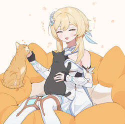  animal_on_lap bare_shoulders black_cat black_gloves blonde_hair cat_on_lap closed_eyes commentary_request dress feather_hair_ornament feathers feet_out_of_frame feline female flower genshin_impact gloves hair_flower hair_ornament highres knees_together_feet_apart lumine_(genshin_impact) on_lap open_clothes orange_cat partially_fingerless_gloves petting q_(oshikuraq) short_hair_with_long_locks sitting solo vambraces white_dress white_footwear white_sleeves wrist_cuffs 