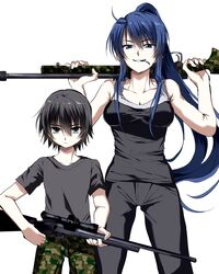  1boy age_difference bare_arms black_eyes black_hair black_pants black_shirt blue_eyes blue_hair breasts cigarette cleavage collarbone cowboy_shot female grin grisaia_(series) grisaia_no_meikyuu gun hands_up highres holding holding_gun holding_weapon kasukasugom1 kazami_yuuji kusakabe_asako large_breasts long_hair looking_at_viewer pants ponytail shirt short_hair short_sleeves sidelocks simple_background sleeveless sleeveless_shirt smile standing straight-on tsurime v-shaped_eyebrows very_long_hair w_arms weapon white_background 