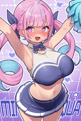  @_@ alternate_costume armpits arms_up blue_bow blue_bowtie blue_hair blue_sports_bra blunt_bangs blush bow bowtie braid breasts cheerleader crop_top drill_hair embarrassed fanged_bangs female french_braid full-face_blush highres hololive kani_bonara large_breasts looking_at_viewer midriff minato_aqua multicolored_hair navel open_mouth pleated_skirt pom_pom_(cheerleading) purple_eyes purple_hair skirt solo sports_bra streaked_hair sweat text_in_mouth twin_braids twin_drills twintails two-tone_hair virtual_youtuber 