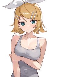  :/ alternate_breast_size arm_under_breasts bare_shoulders blonde_hair blue_eyes blush bow breasts cleavage closed_mouth collarbone dot_nose female flipped_hair grey_shirt hair_ornament hairbow hairclip highres holding_own_arm kagamine_rin looking_at_viewer medium_breasts medium_hair rakugaki_ningen shirt simple_background sleeveless sleeveless_shirt solo straight_hair swept_bangs upper_body vocaloid white_background white_bow 